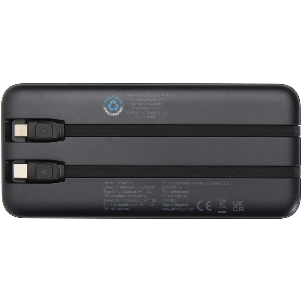 Adhil 10.000 mAh 10W recycled plastic power bank with 2 built-in cables