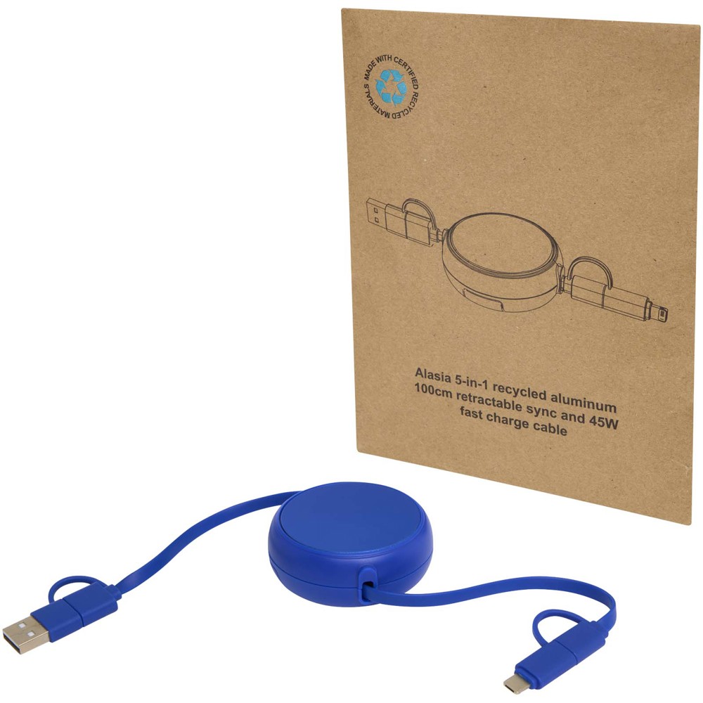 Alasia 5-in-1 100 cm recycled plastic and aluminium retractable data sync and 45W fast charge cable - Royal blue