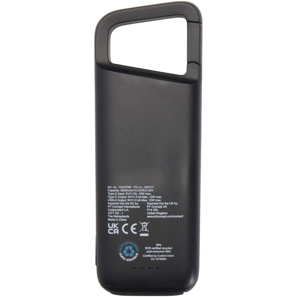 Alkes 5000 mAh 12W recycled plastic water resistant power bank with carabiner