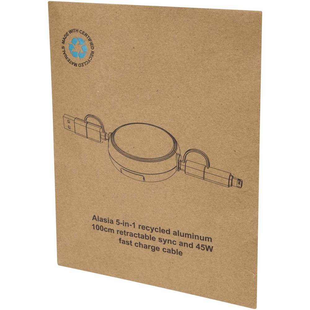 Alasia 5-in-1 100 cm recycled plastic and aluminium retractable data sync and 45W fast charge cable