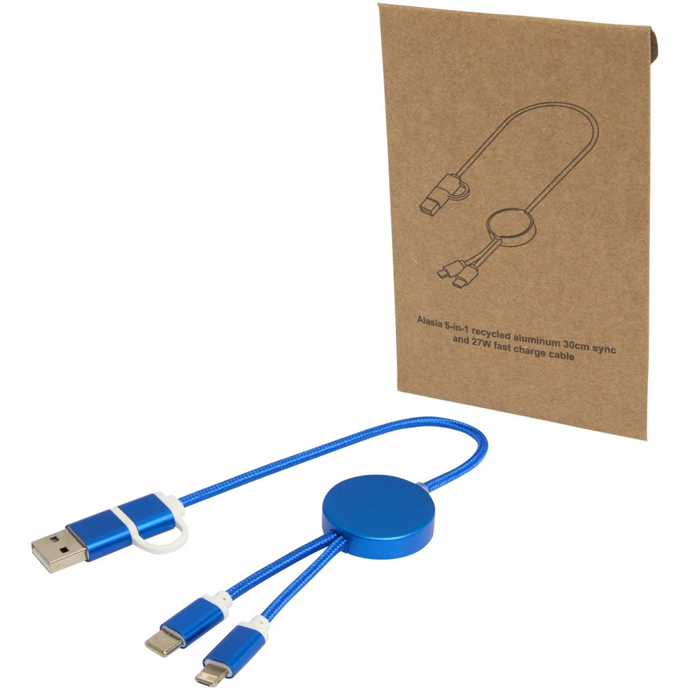 Alasia 5-in-1 recycled aluminium and plastic 30 cm data sync and 27W fast charge cable - Royal blue