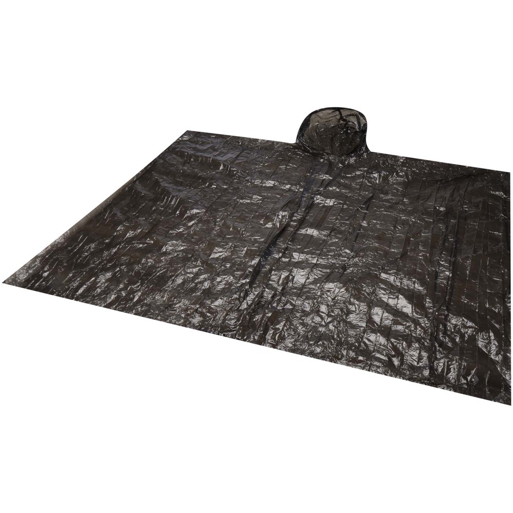 Fog poncho in round plastic container with carabiner