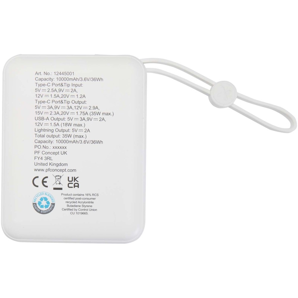 Acrux 10.000 mAh 35W tablet power bank with built in Type-C cable - made from recycled plastic