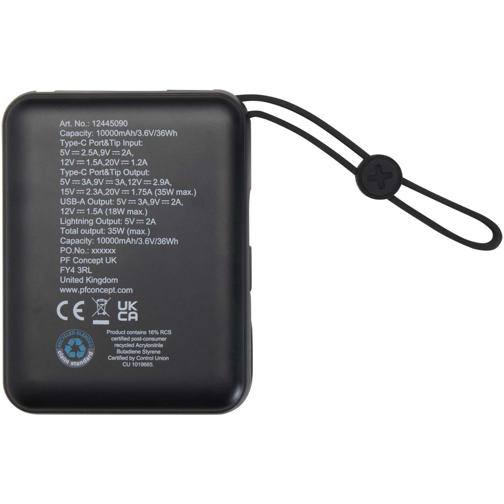 Acrux 10.000 mAh 35W tablet power bank with built in Type-C cable - made from recycled plastic