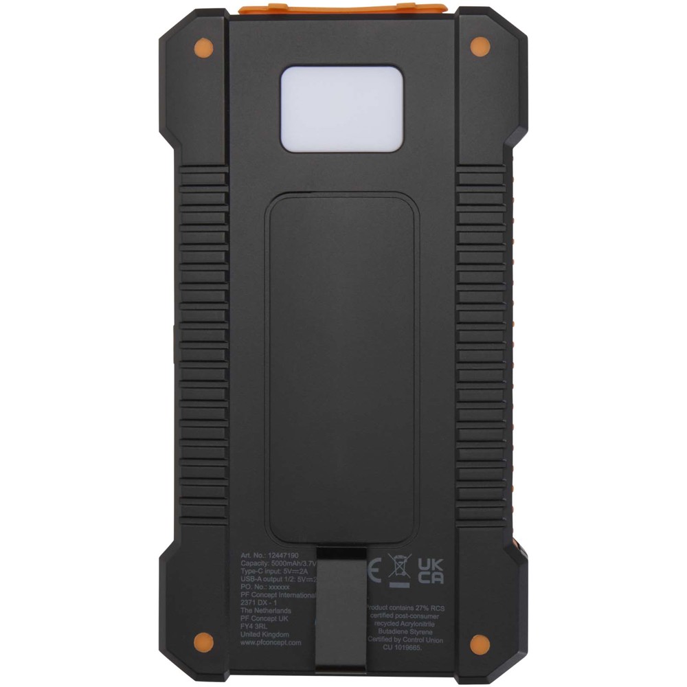 Altair 5000 mAh 10W recycled plastic rugged solar power bank with built-in torch