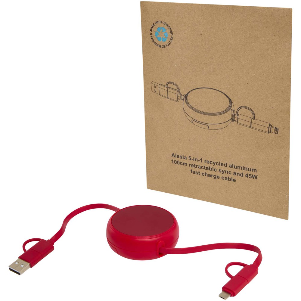 Alasia 5-in-1 100 cm recycled plastic and aluminium retractable data sync and 45W fast charge cable - Red