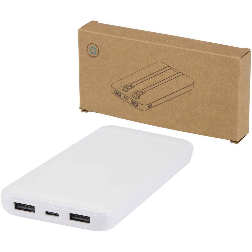 Adhil 10.000 mAh 10W recycled plastic power bank with 2 built-in cables - White