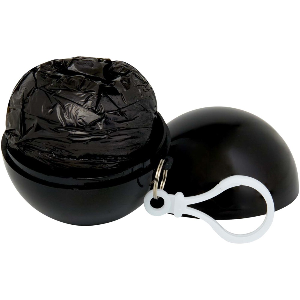 Fog poncho in round plastic container with carabiner