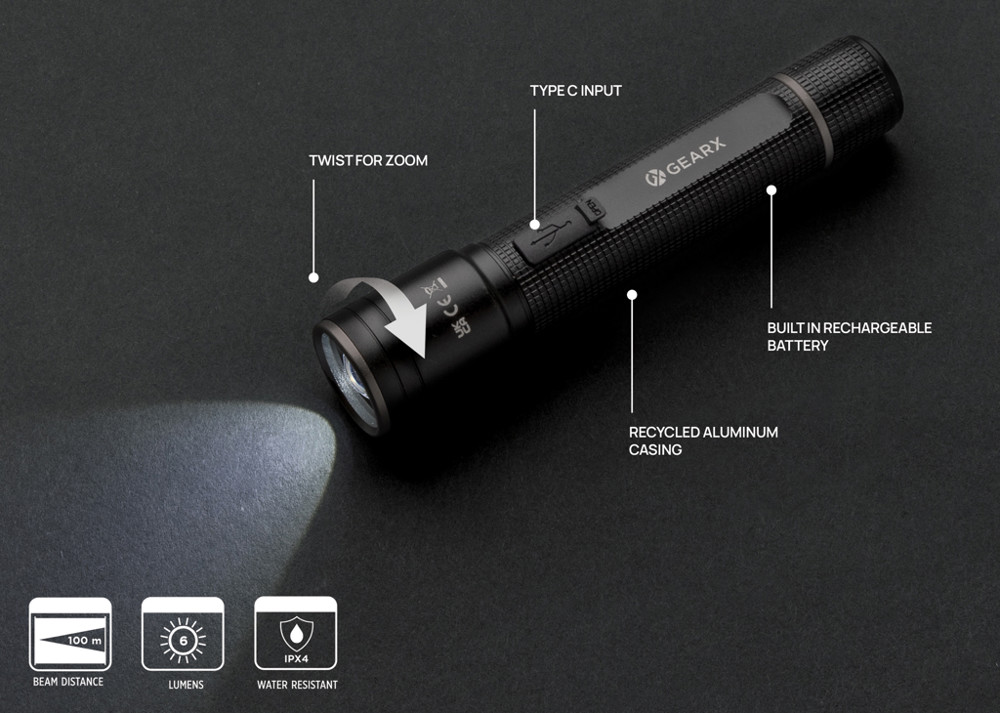 Gear X RCS recycled aluminium USB-rechargeable torch