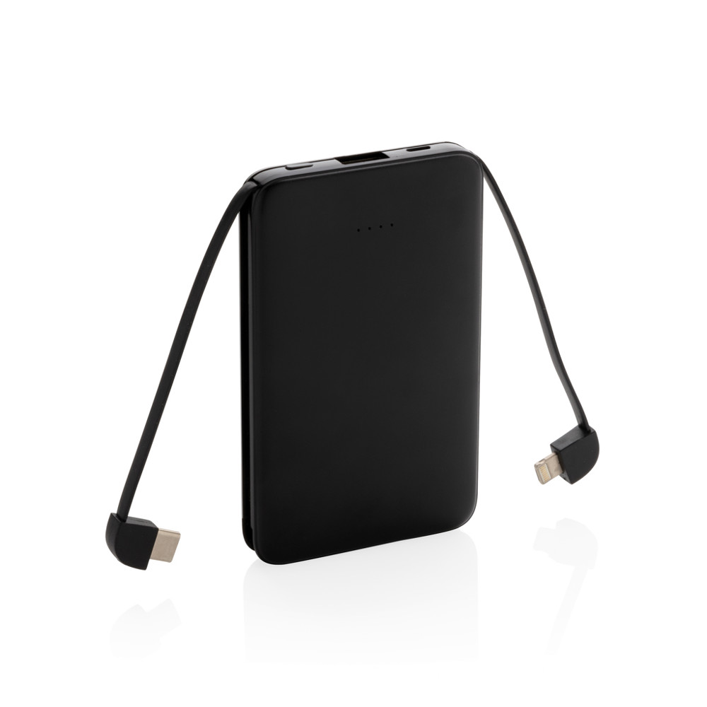 5.000 mAh Pocket Powerbank with integrated cables - black (± PMS Black)