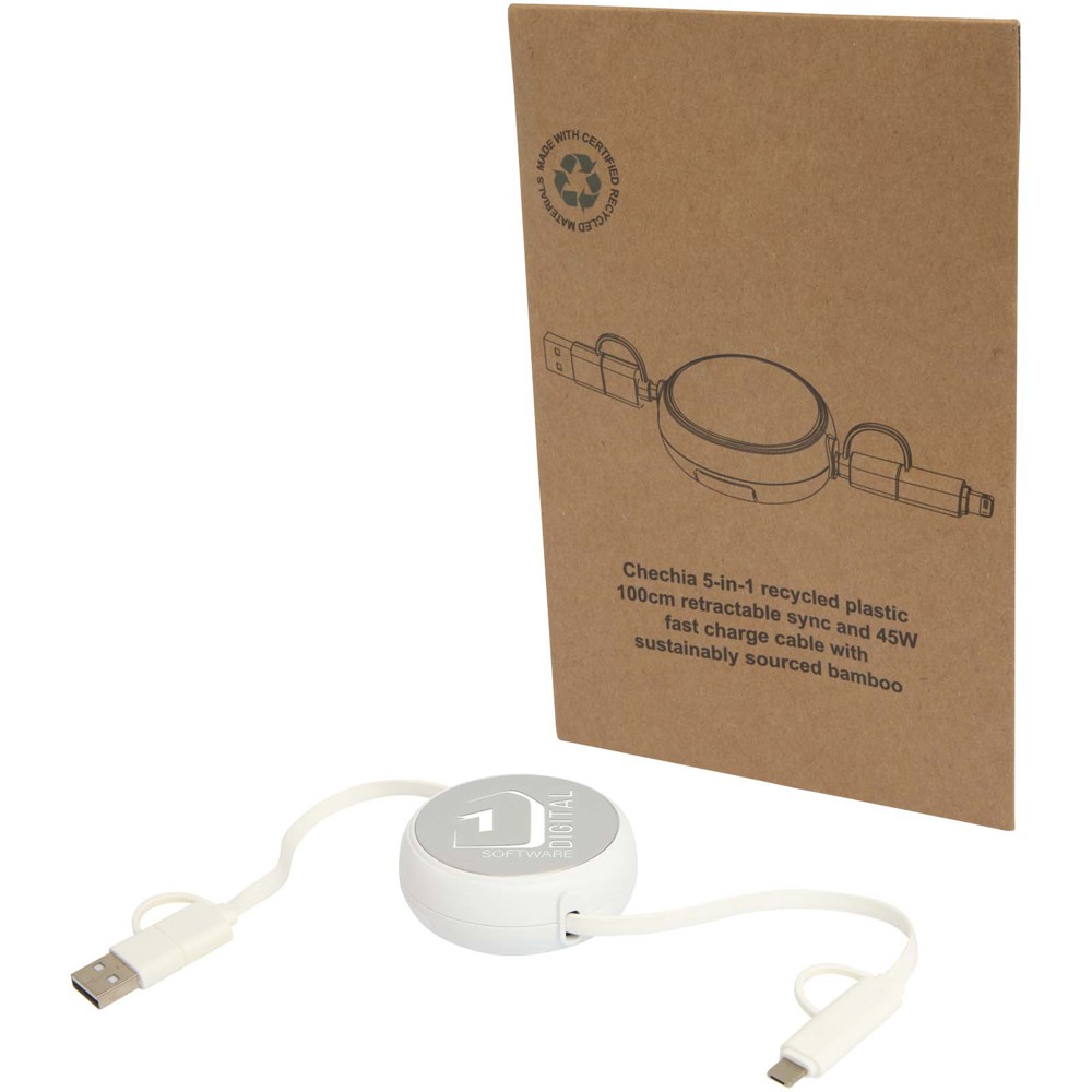 Alasia 5-in-1 100 cm recycled plastic and aluminium retractable data sync and 45W fast charge cable