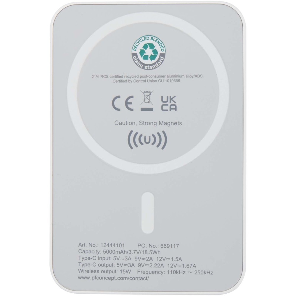 Acrab 5000 mAh 15W magnetic wireless power bank with 20W PD - made from recycled plastic