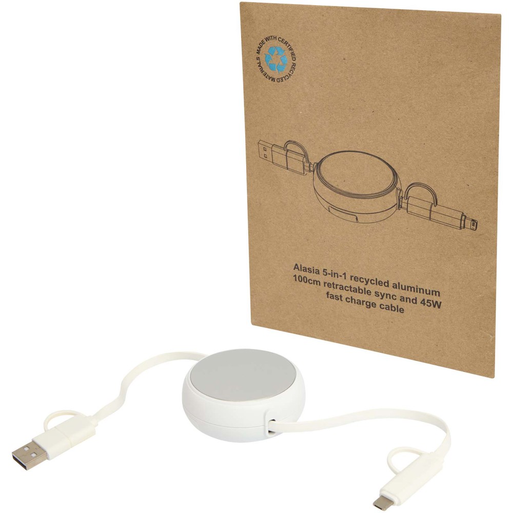 Alasia 5-in-1 100 cm recycled plastic and aluminium retractable data sync and 45W fast charge cable - Silver