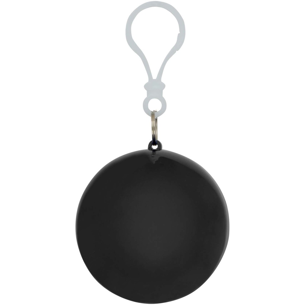 Fog poncho in round plastic container with carabiner