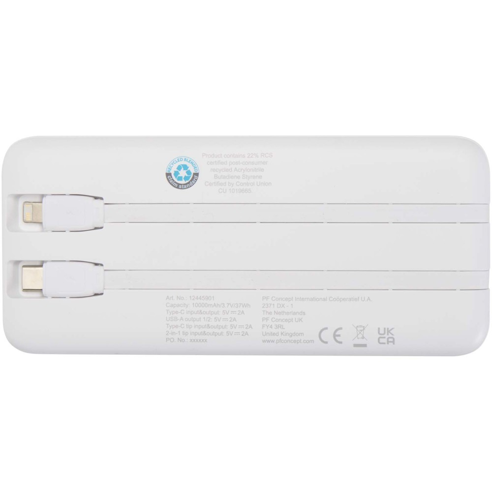 Adhil 10.000 mAh 10W recycled plastic power bank with 2 built-in cables