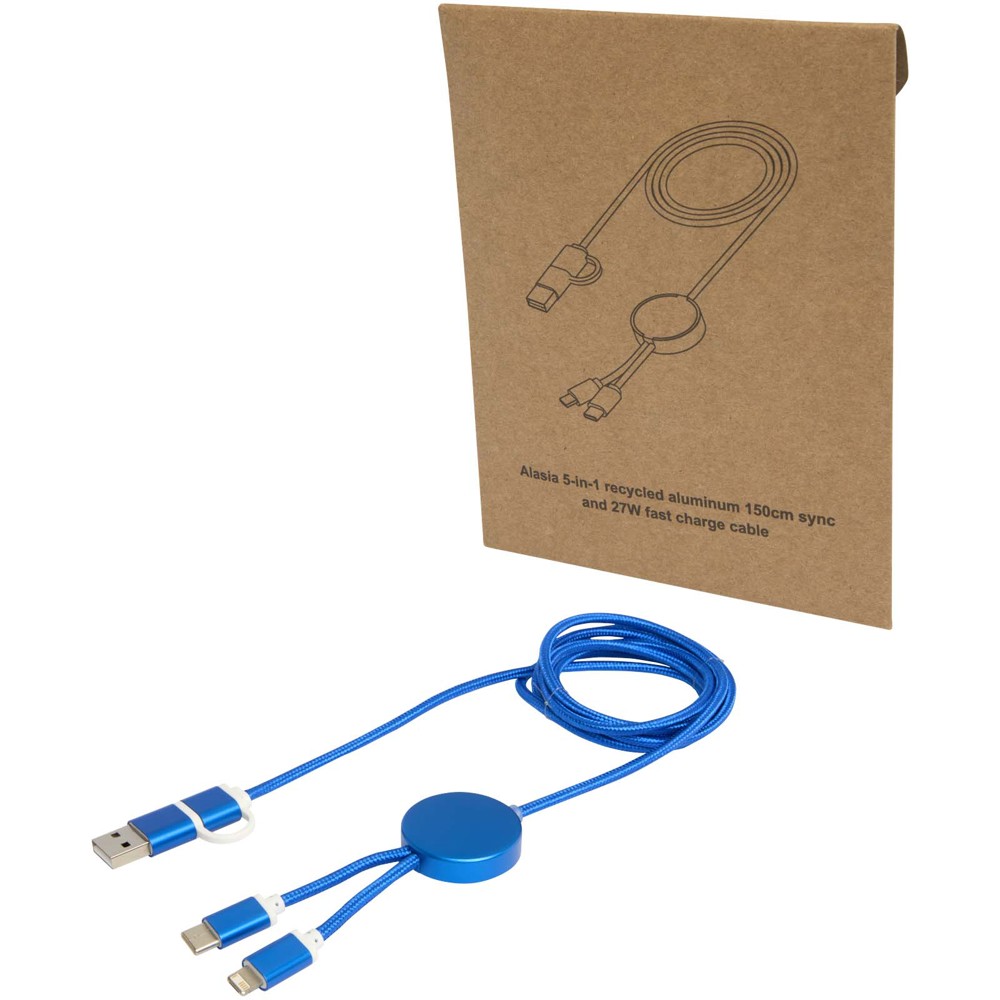 Alasia 5-in-1 recycled aluminium and plastic 150 cm data sync and 27W fast charge cable - Royal blue