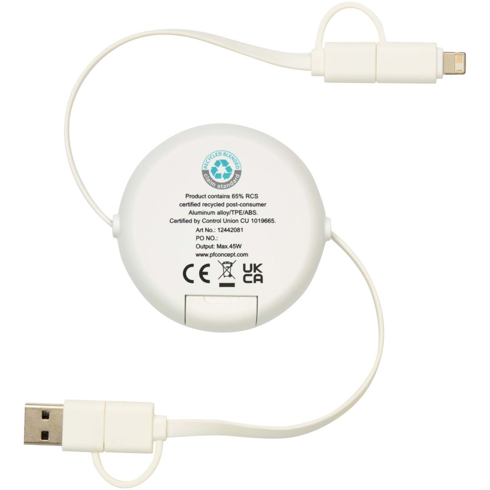Alasia 5-in-1 100 cm recycled plastic and aluminium retractable data sync and 45W fast charge cable