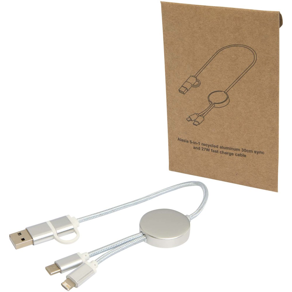 Alasia 5-in-1 recycled aluminium and plastic 30 cm data sync and 27W fast charge cable - Silver